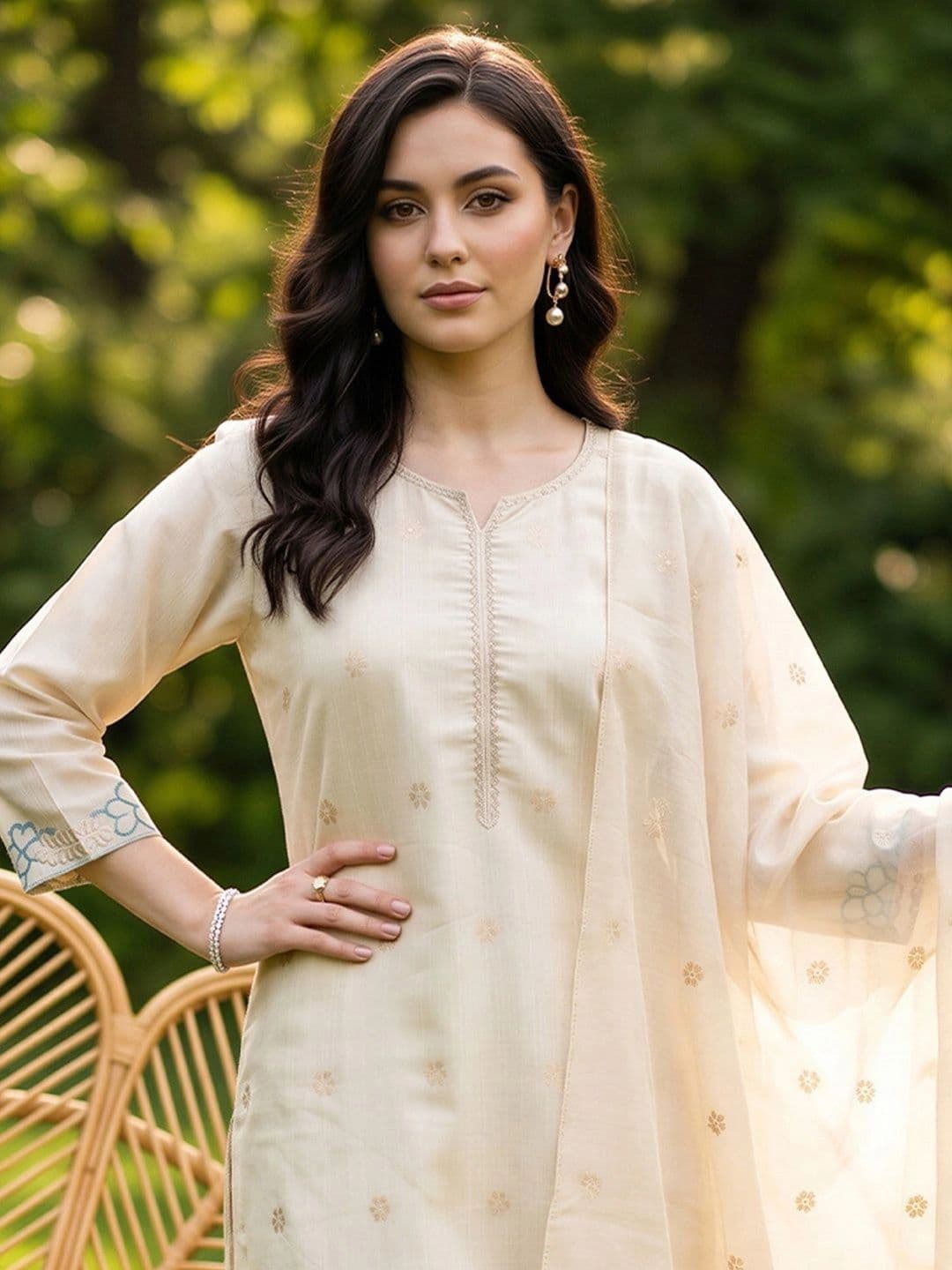 Indo Era Women Ethnic Motifs Embroidered Regular Thread Work Kurta with Trousers & With Dupatta thumbnail 3