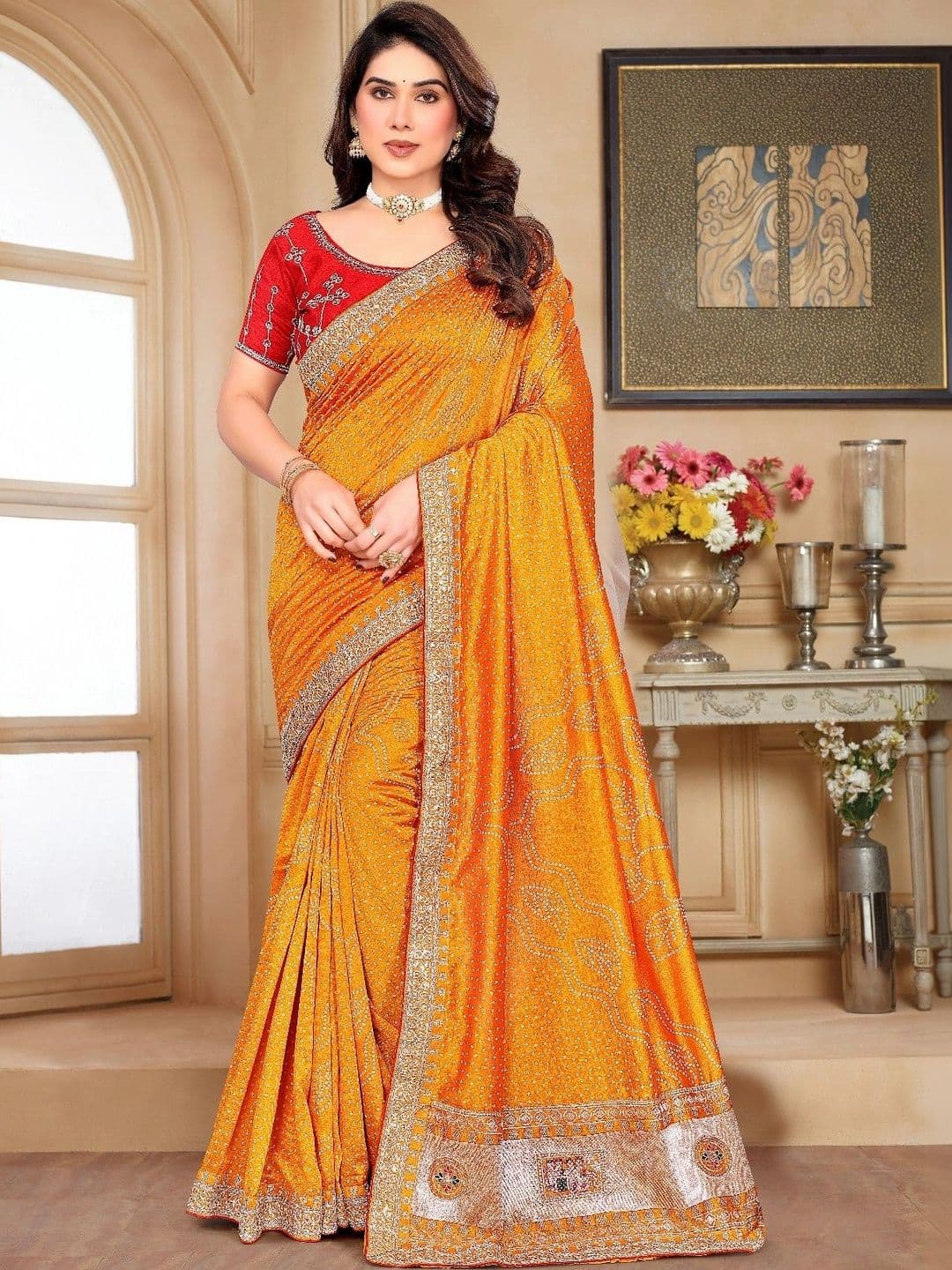 SmileyFashion Bandhani Embroidered Art Silk Designer Saree - view 1