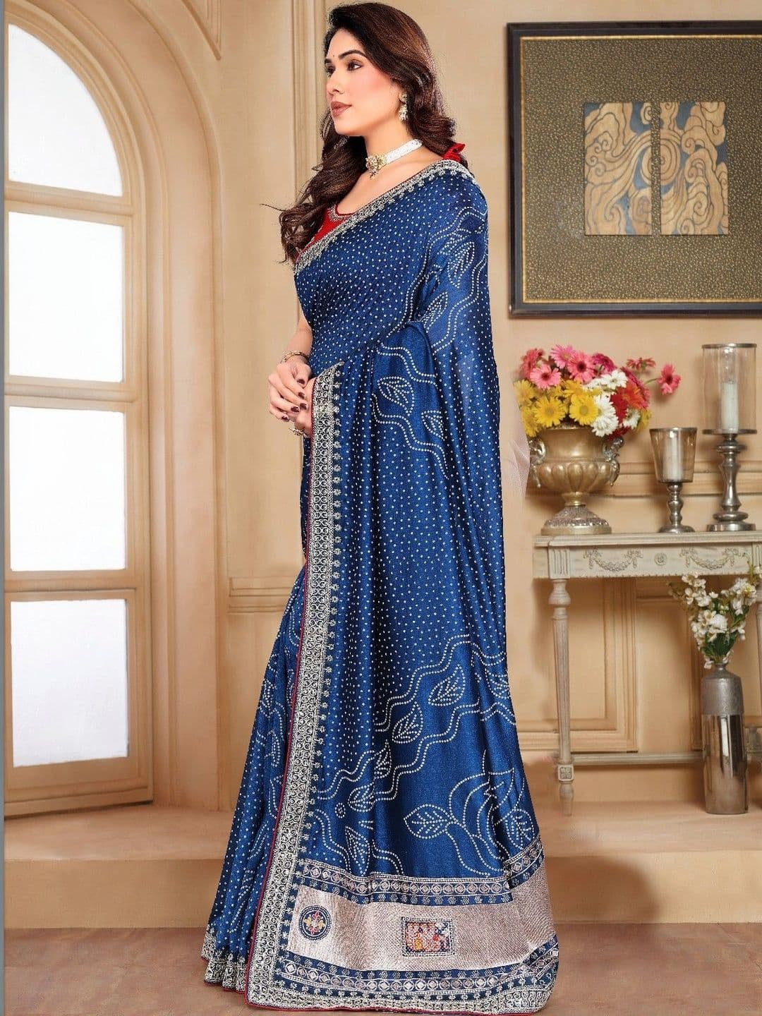 SmileyFashion Bandhani Embroidered Art Silk Designer Saree thumbnail 4