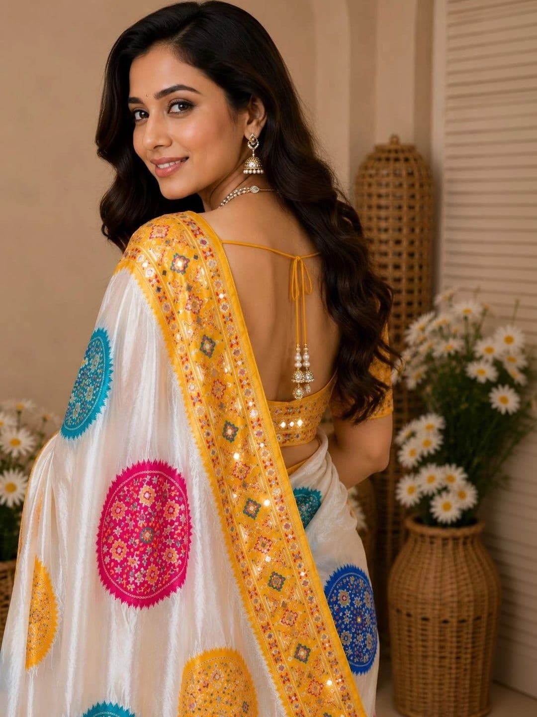 DJV Fashion Woven Design Mirror Work Silk Blend Ikat Saree thumbnail 4