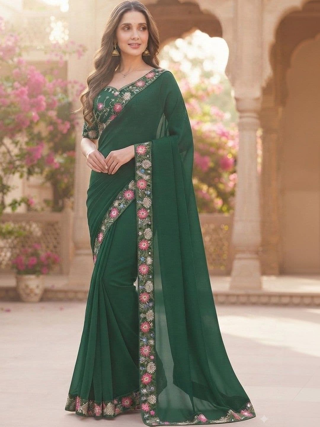 SmileyFashion Floral Embroidered Art Silk Saree - view 1
