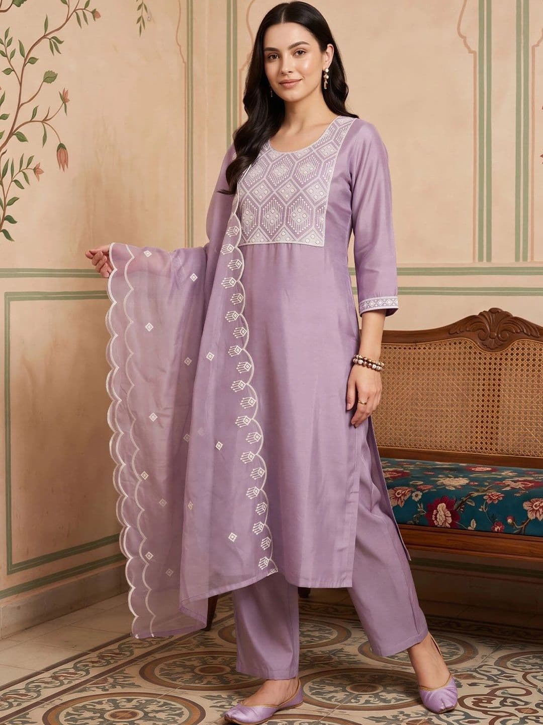Indo Era Women Regular Thread Work Kurta with Trousers & With Dupatta thumbnail 3