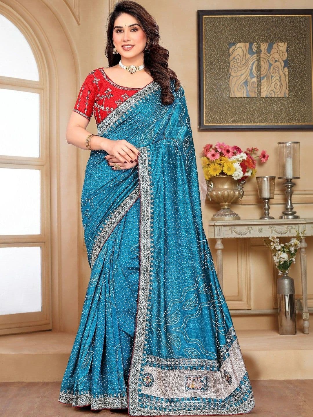 SmileyFashion Bandhani Embroidered Art Silk Designer Saree - view 1