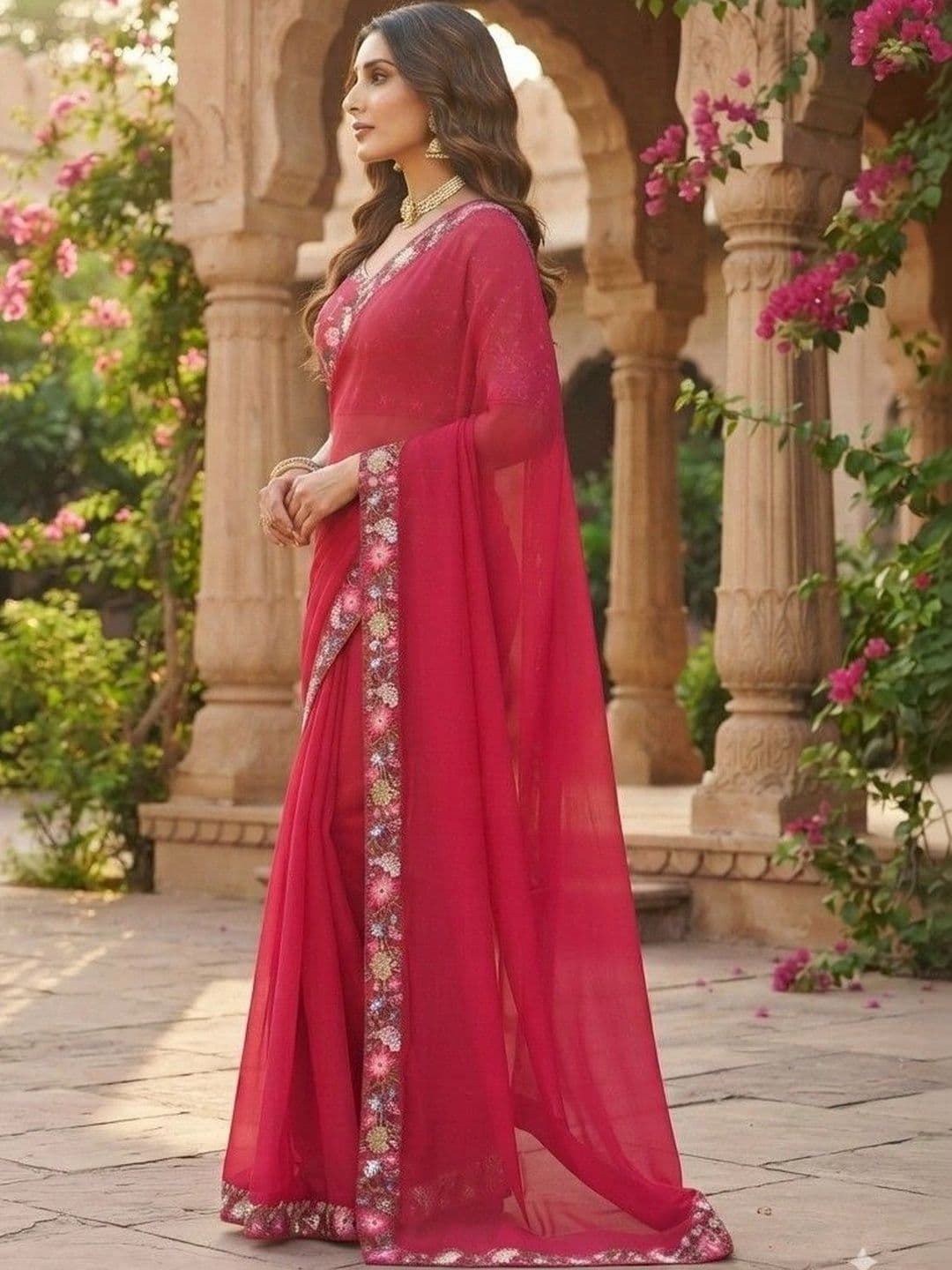 SmileyFashion Floral Embroidered Art Silk Saree - view 1