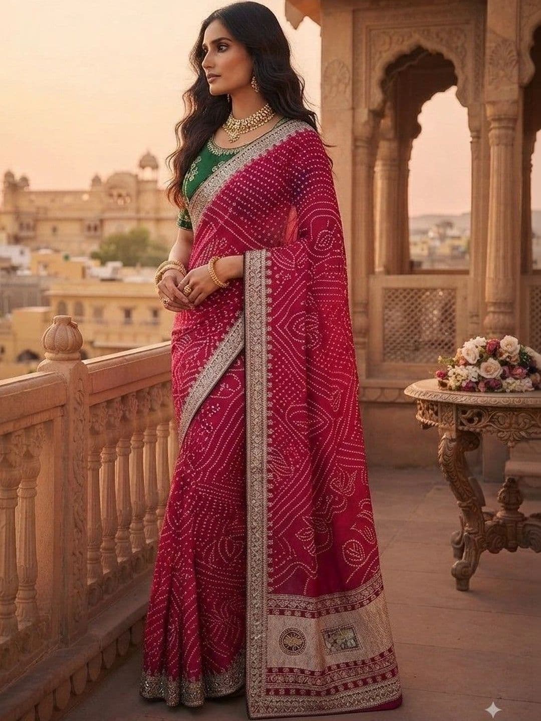 SmileyFashion Bandhani Embroidered Art Silk Designer Saree thumbnail 2