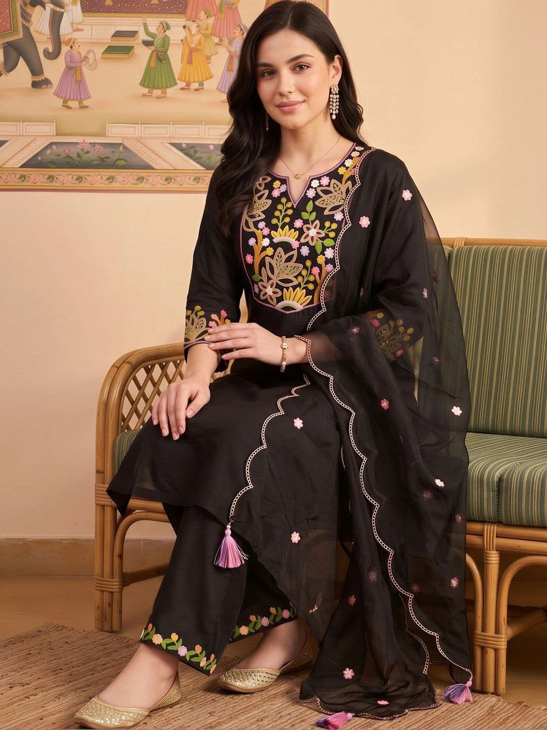 Indo Era Women Floral Embroidered Regular Thread Work Liva Kurta with Trousers & With Dupatta thumbnail 3