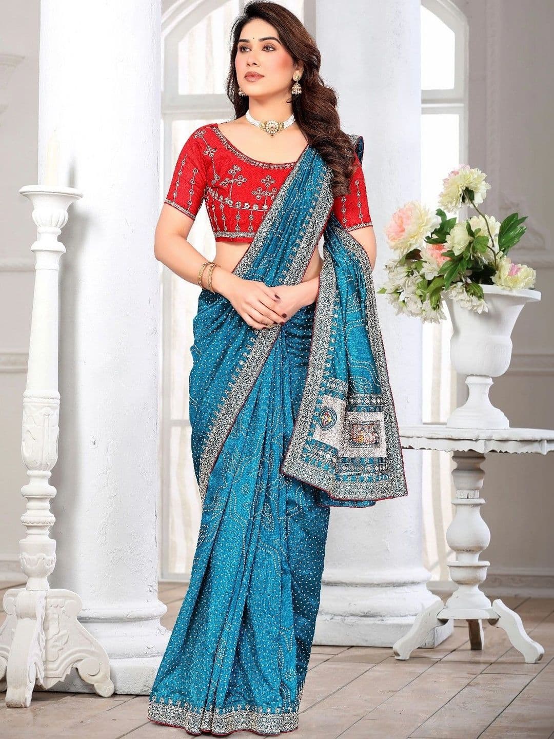 SmileyFashion Bandhani Embroidered Art Silk Designer Saree - view 1