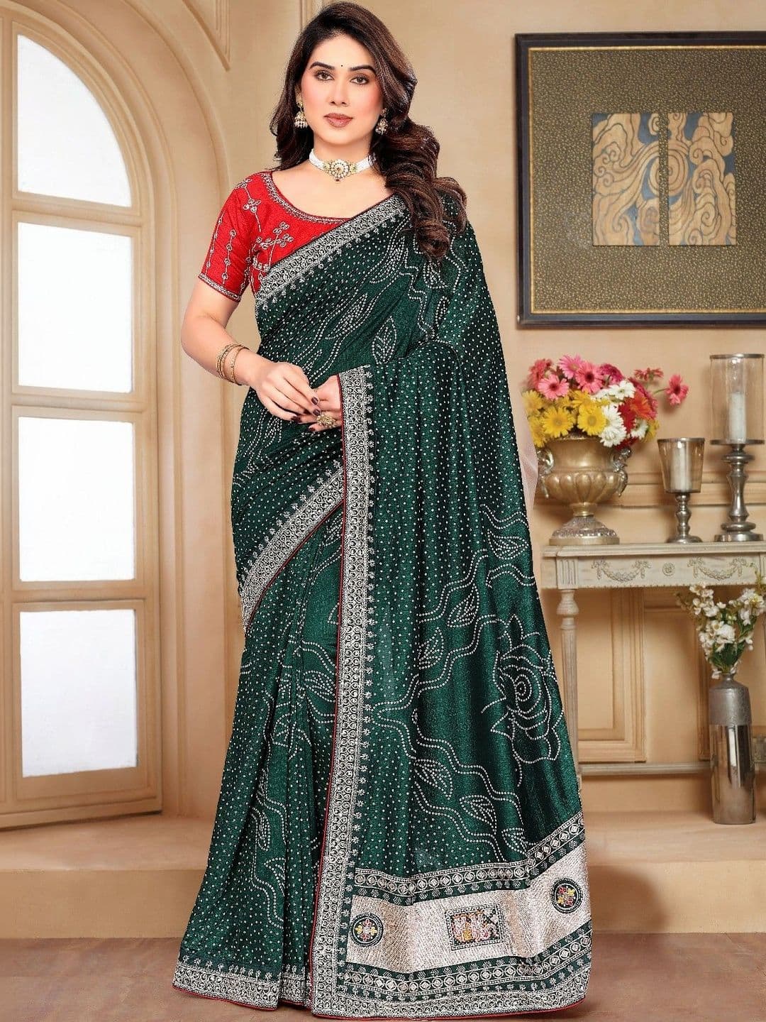 SmileyFashion Bandhani Embroidered Art Silk Designer Saree - view 1