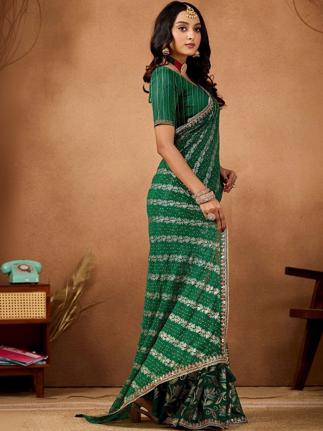 Mitera Floral Embroidered Poly Georgette Designer Bandhani Saree thumbnail 4