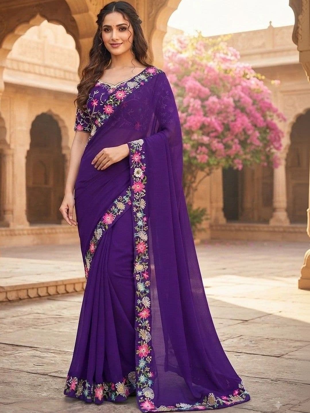 SmileyFashion Floral Embroidered Art Silk Saree - view 1