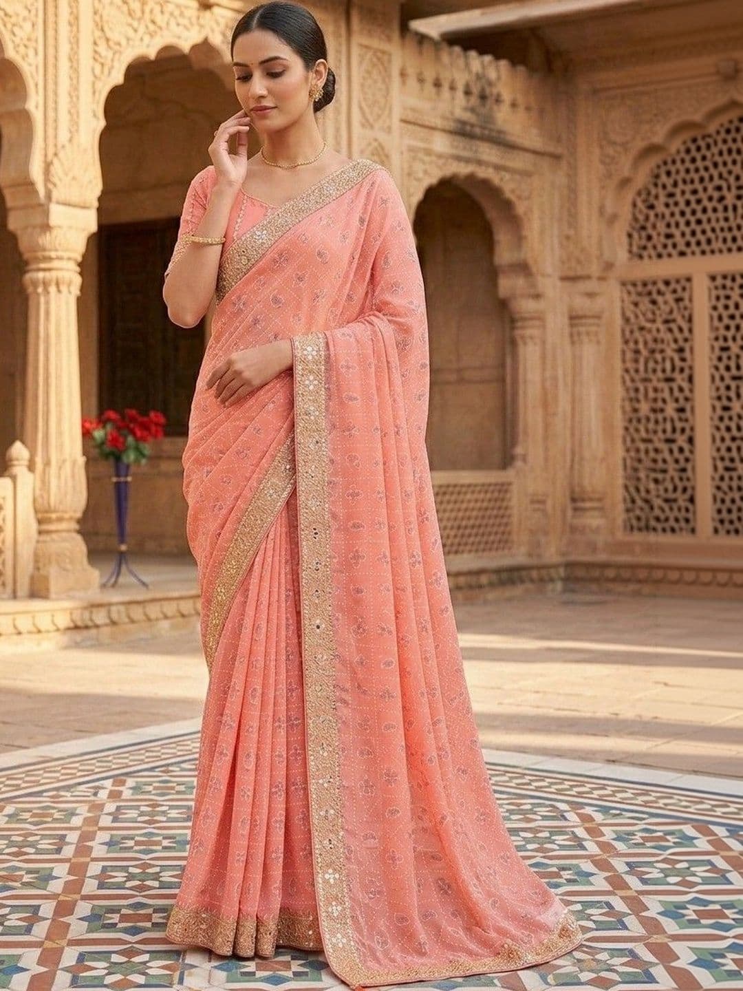 SmileyFashion Embellished Embroidered Art Silk Designer Bandhani Saree thumbnail 5