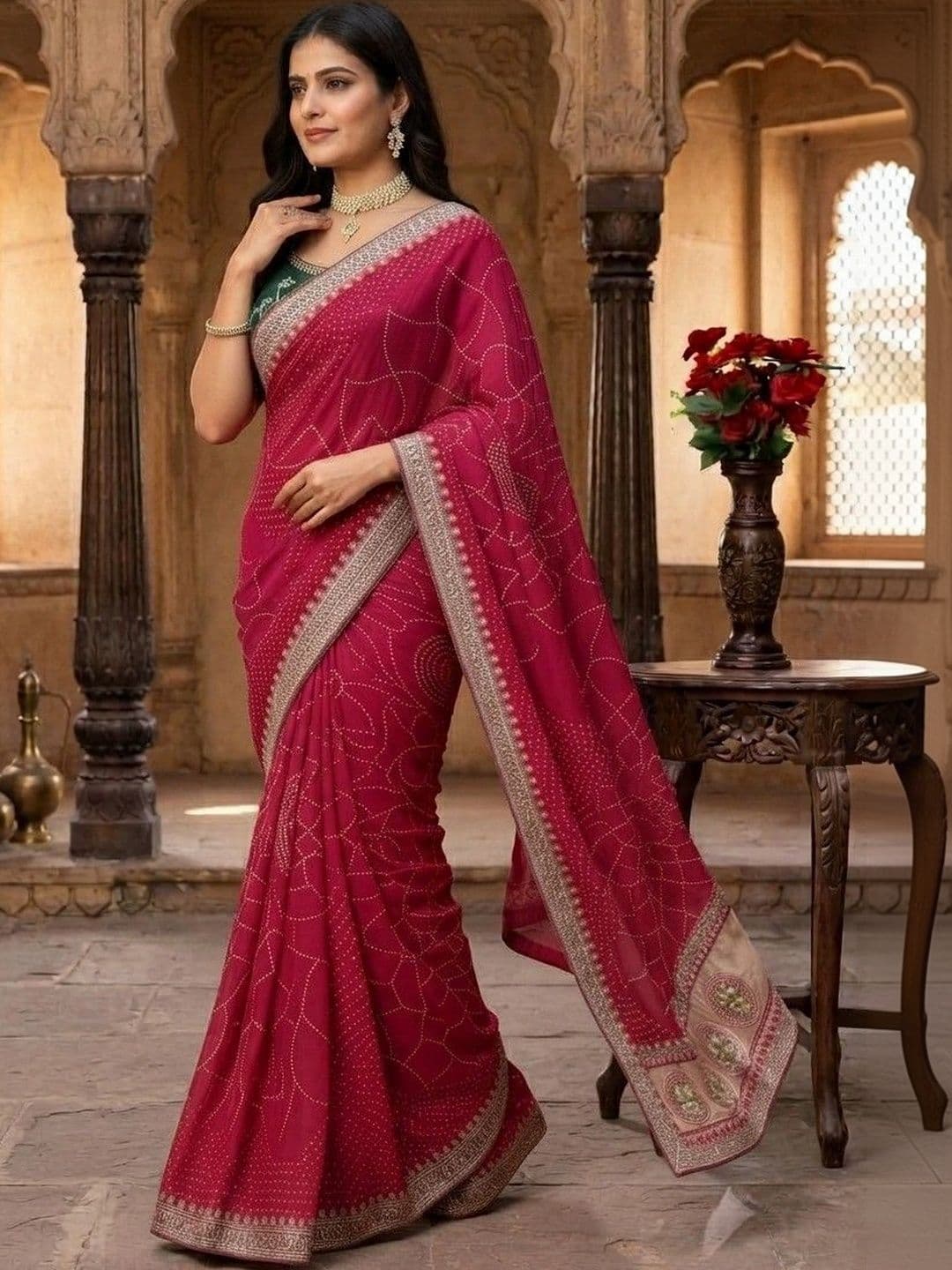 SmileyFashion Bandhani Embroidered Art Silk Designer Saree thumbnail 4