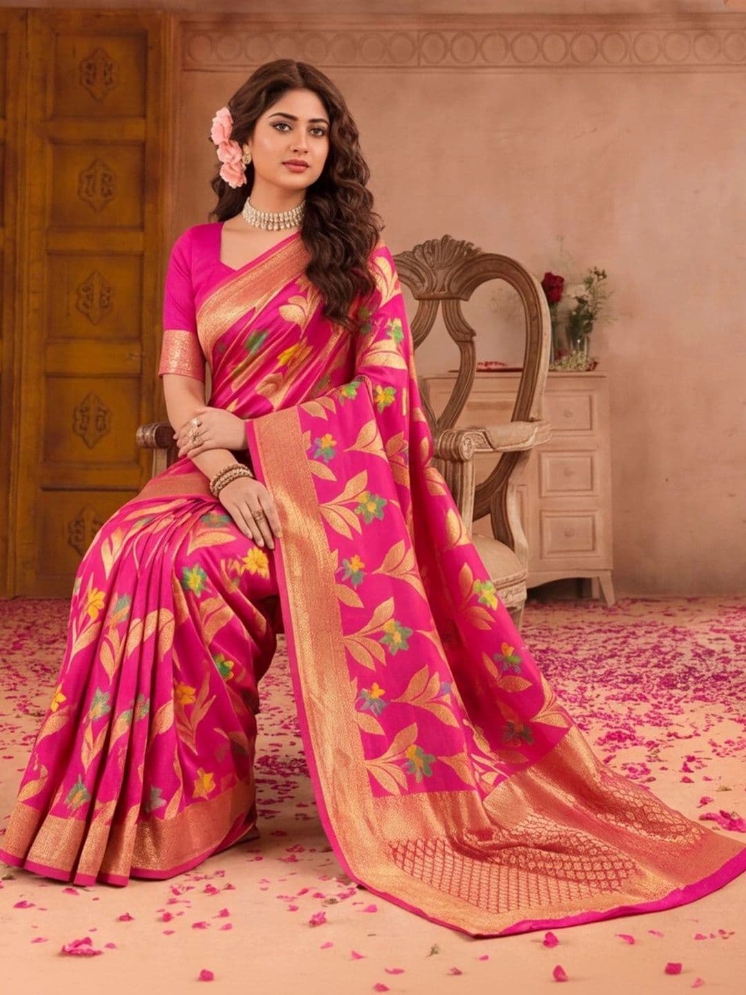 Jaipur Kurti  Women Floral Zari Silk Cotton Fusion Banarasi Saree thumbnail 5