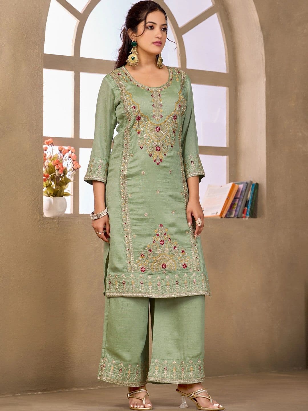 Sangria Embroidered Tunic with Palazzos thumbnail 6