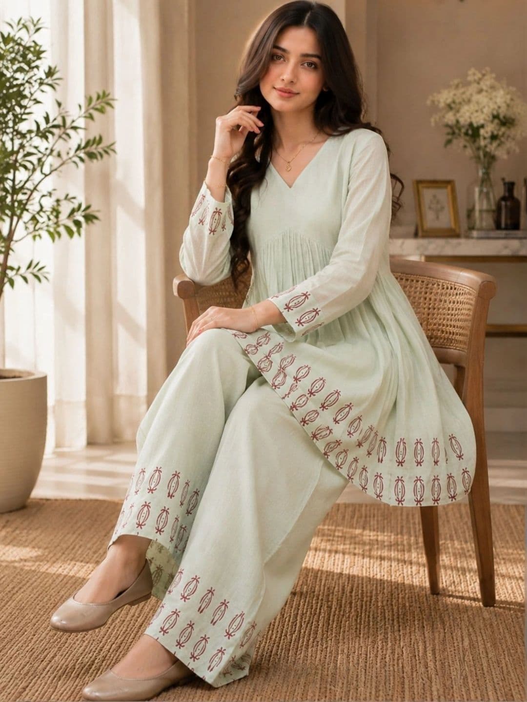 KALINI Women Ethnic Motifs Printed Empire Pure Cotton Kurti with Palazzos thumbnail 2