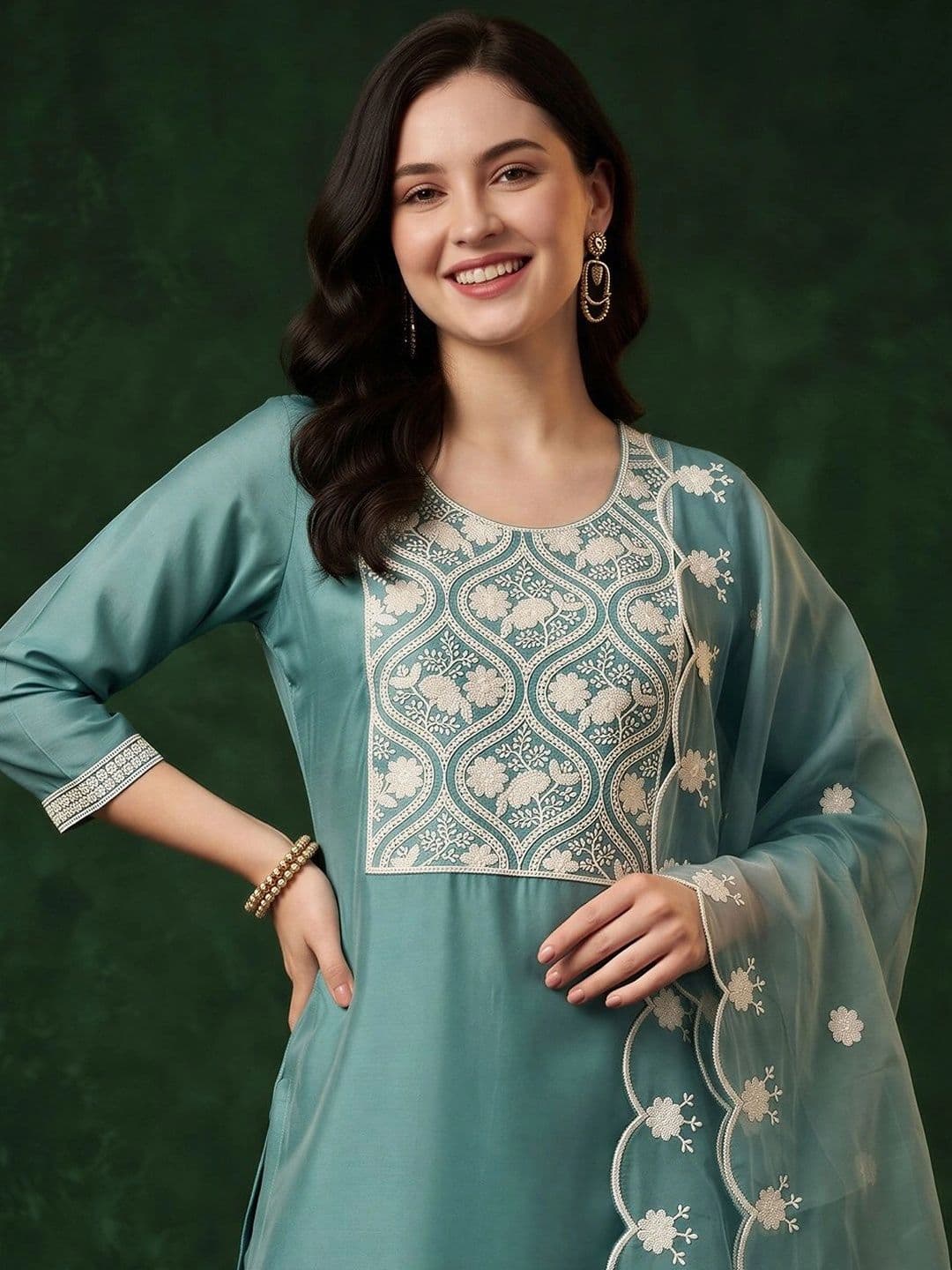 Indo Era Women Ethnic Motifs Embroidered Regular Thread Work Kurta with Trousers & With Dupatta thumbnail 5