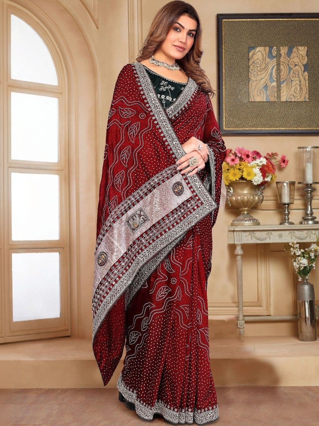 SmileyFashion Bandhani Embroidered Art Silk Designer Saree thumbnail 5