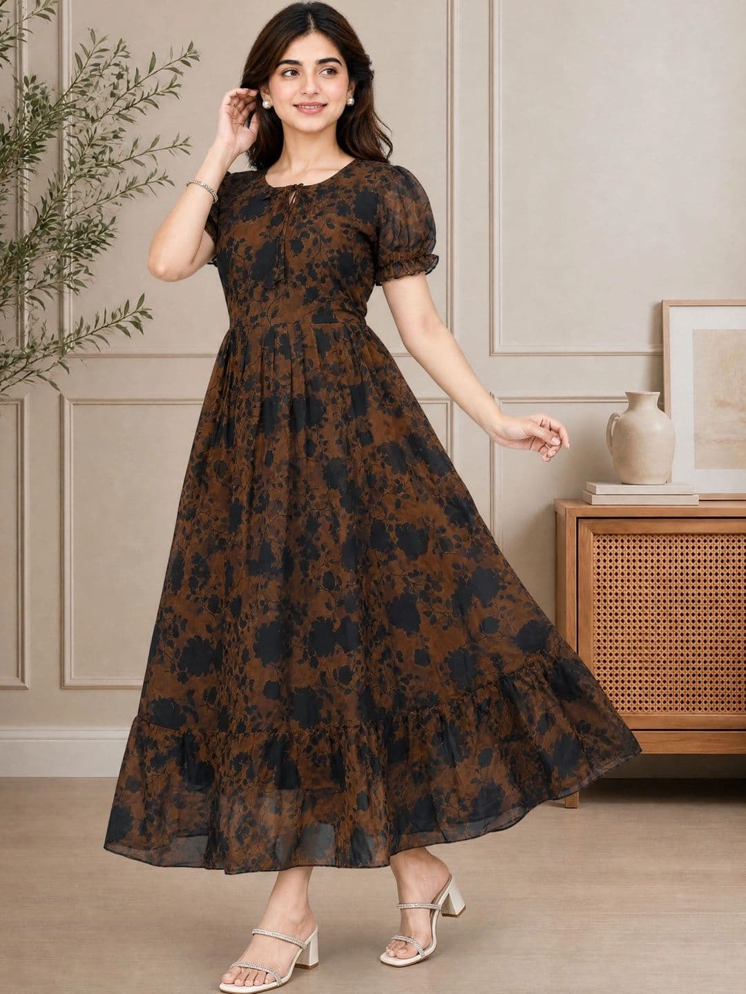 QENA Floral Print Puff Sleeve Georgette A-Line Maxi Dress - view 1