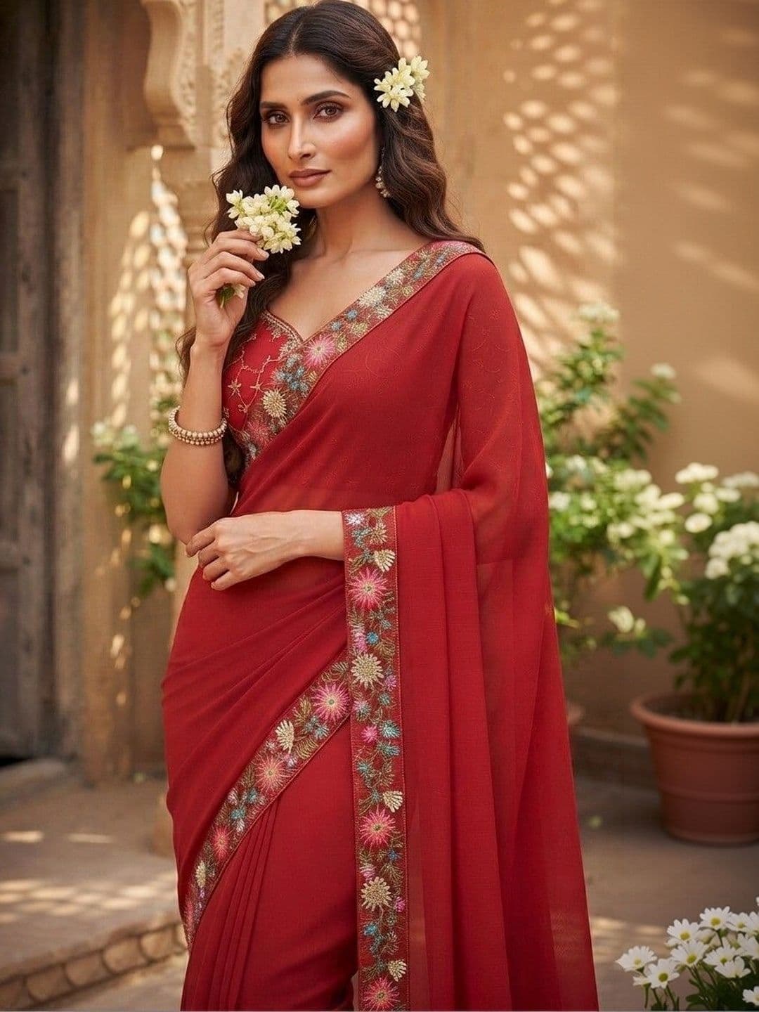 SmileyFashion Floral Art Silk Saree thumbnail 5