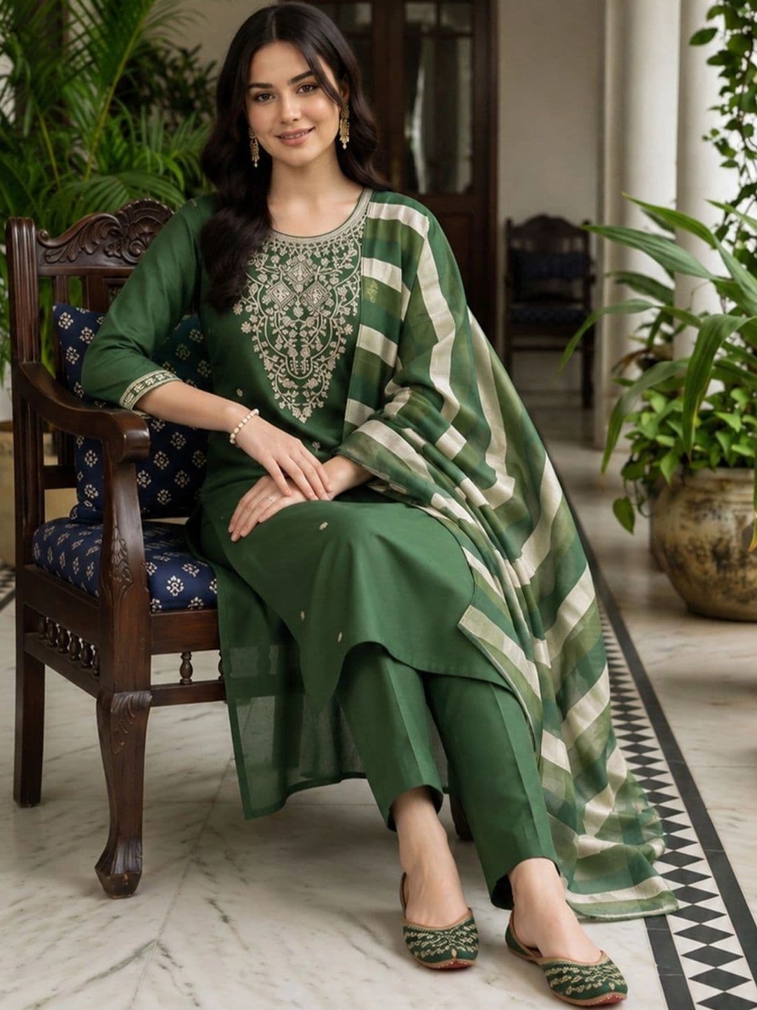 Indo Era Women Ethnic Motifs Embroidered Regular Thread Work Kurta with Trousers & With Dupatta thumbnail 6