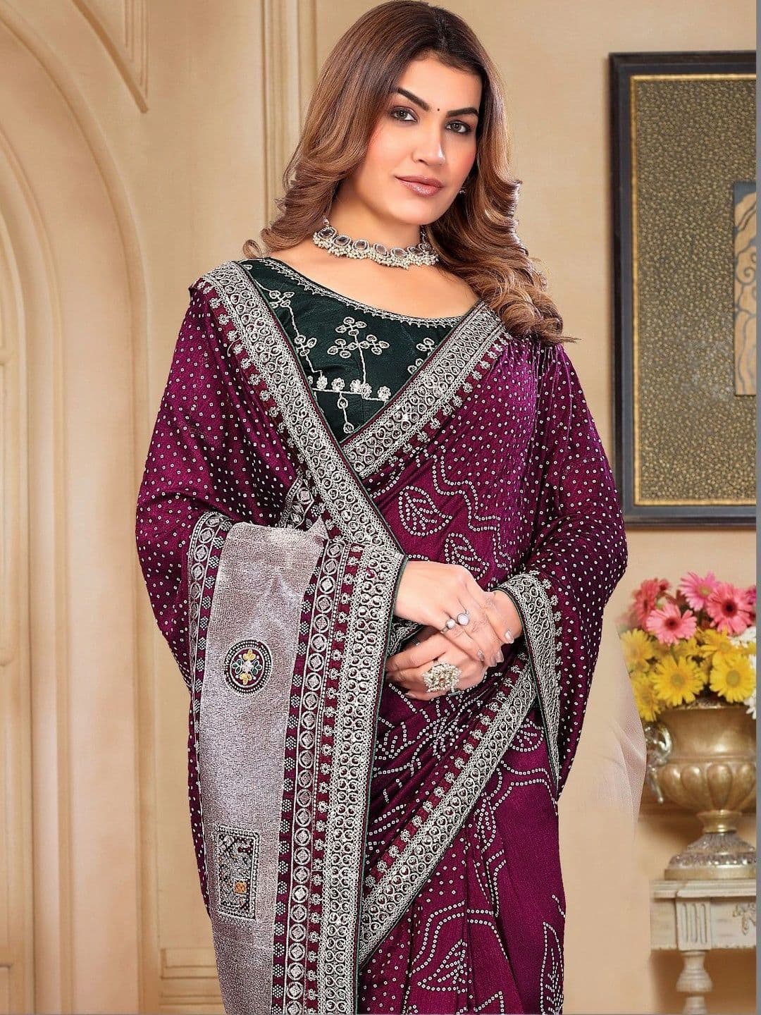 SmileyFashion Bandhani Embroidered Art Silk Designer Saree thumbnail 5