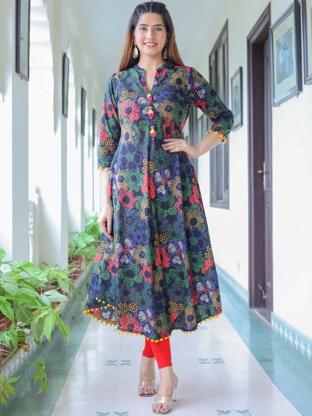 KALINI Floral Printed Mandarin Collar Cotton Pleated Anarkali Kurta - view 1