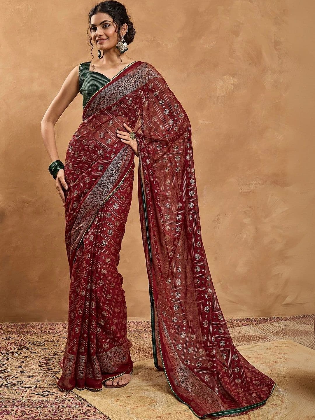 Sangria Embellished Gotta Patti Poly Chiffon Designer Bandhani Saree thumbnail 7