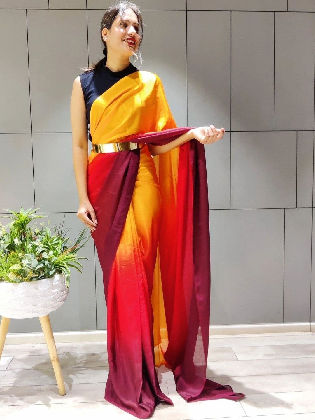 Sangria Ombre Poly Chiffon Belted Maheshwari Saree - view 1