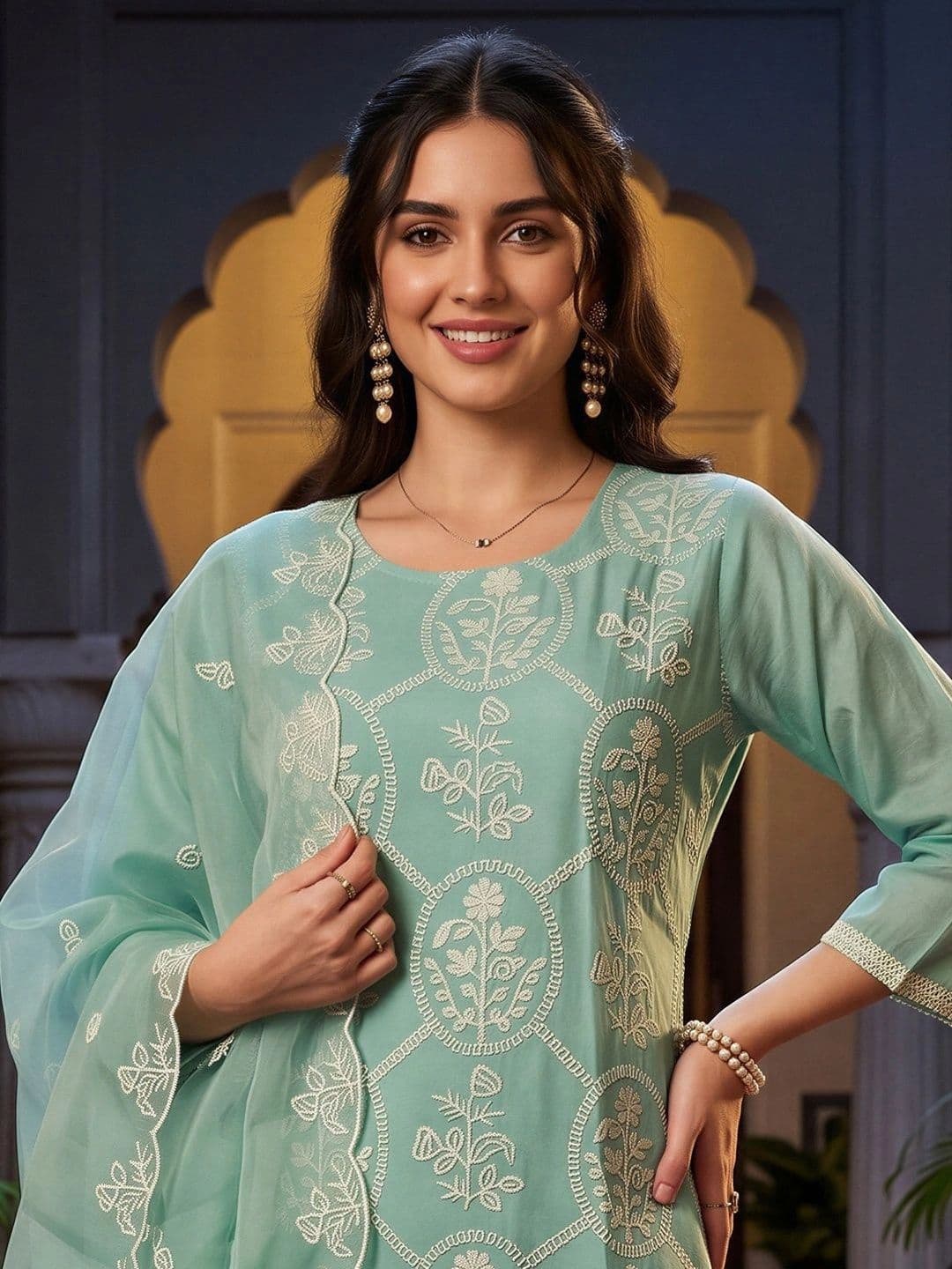 Indo Era Women Ethnic Motifs Embroidered Regular Thread Work Kurta with Trousers & With Dupatta thumbnail 4