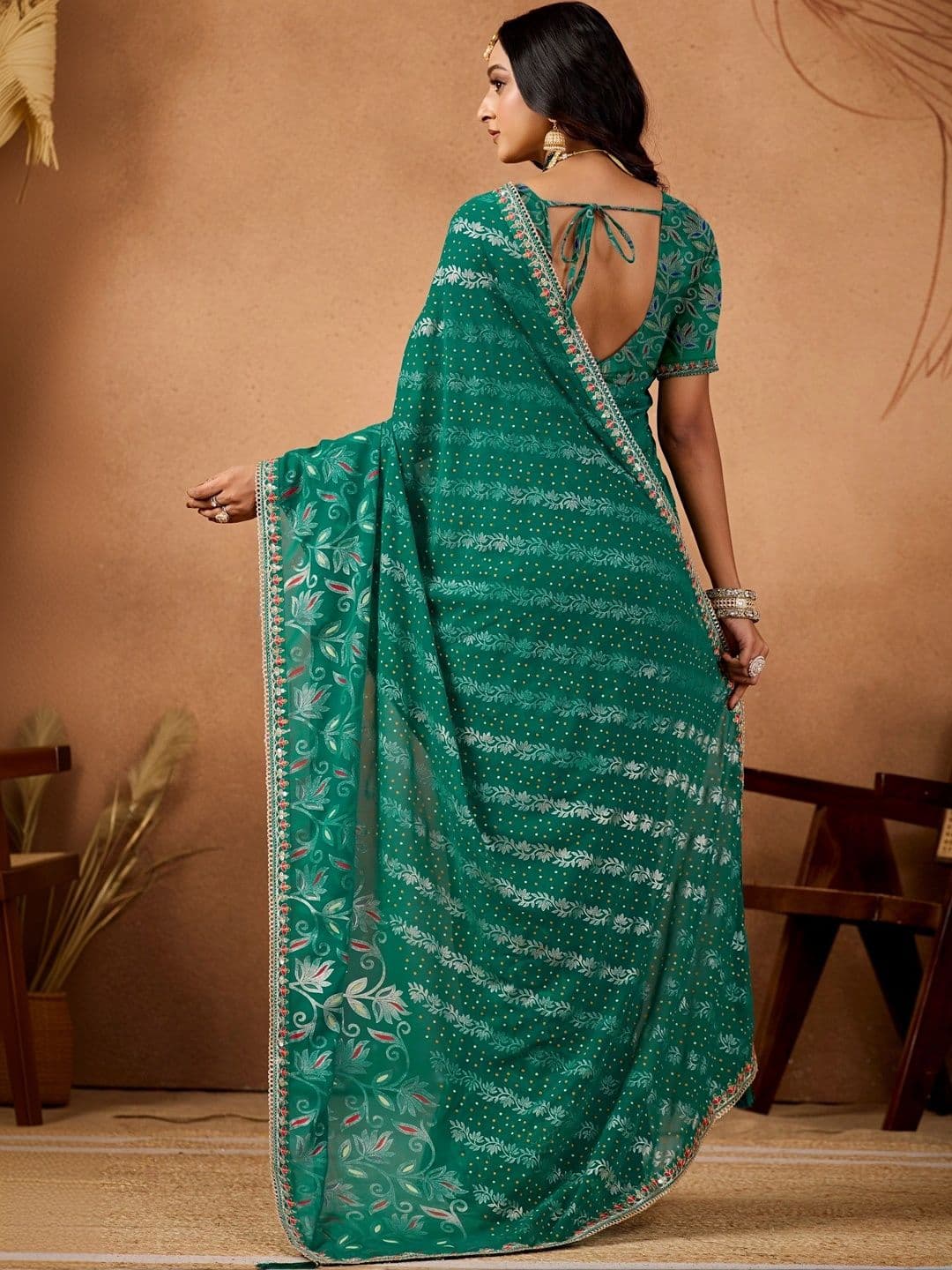 Mitera Paisley Embroidered Poly Georgette Designer Bandhani Saree thumbnail 3