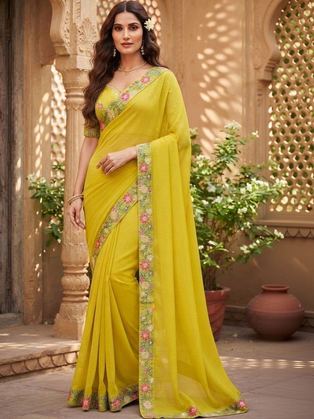 SmileyFashion Floral Embroidered Art Silk Saree thumbnail 2