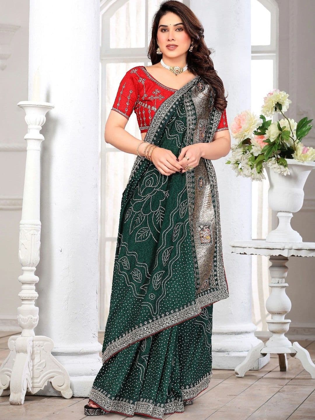 SmileyFashion Bandhani Embroidered Art Silk Designer Saree thumbnail 2