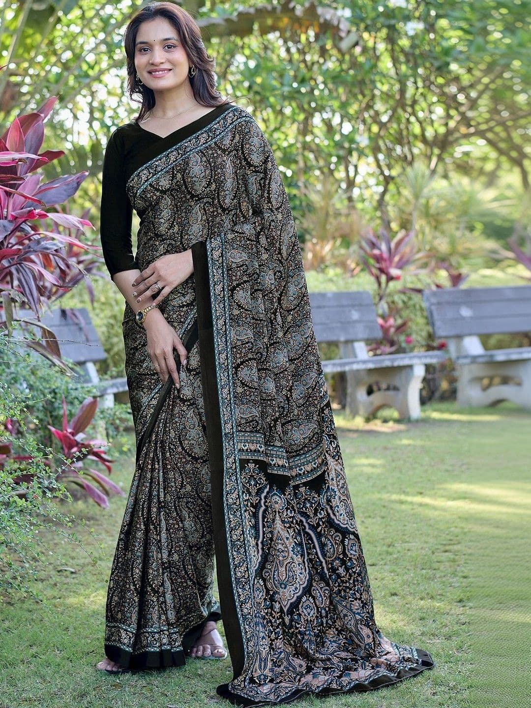 KALINI Women Printed Floral Fusion Saree With Blouse Piece - view 1