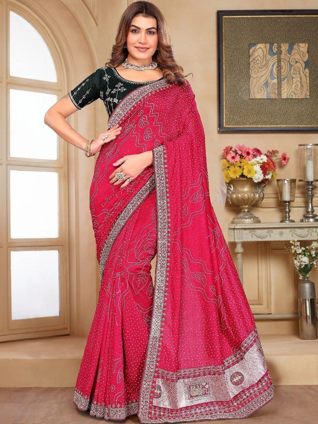 SmileyFashion Bandhani Embroidered Art Silk Designer Saree thumbnail 3