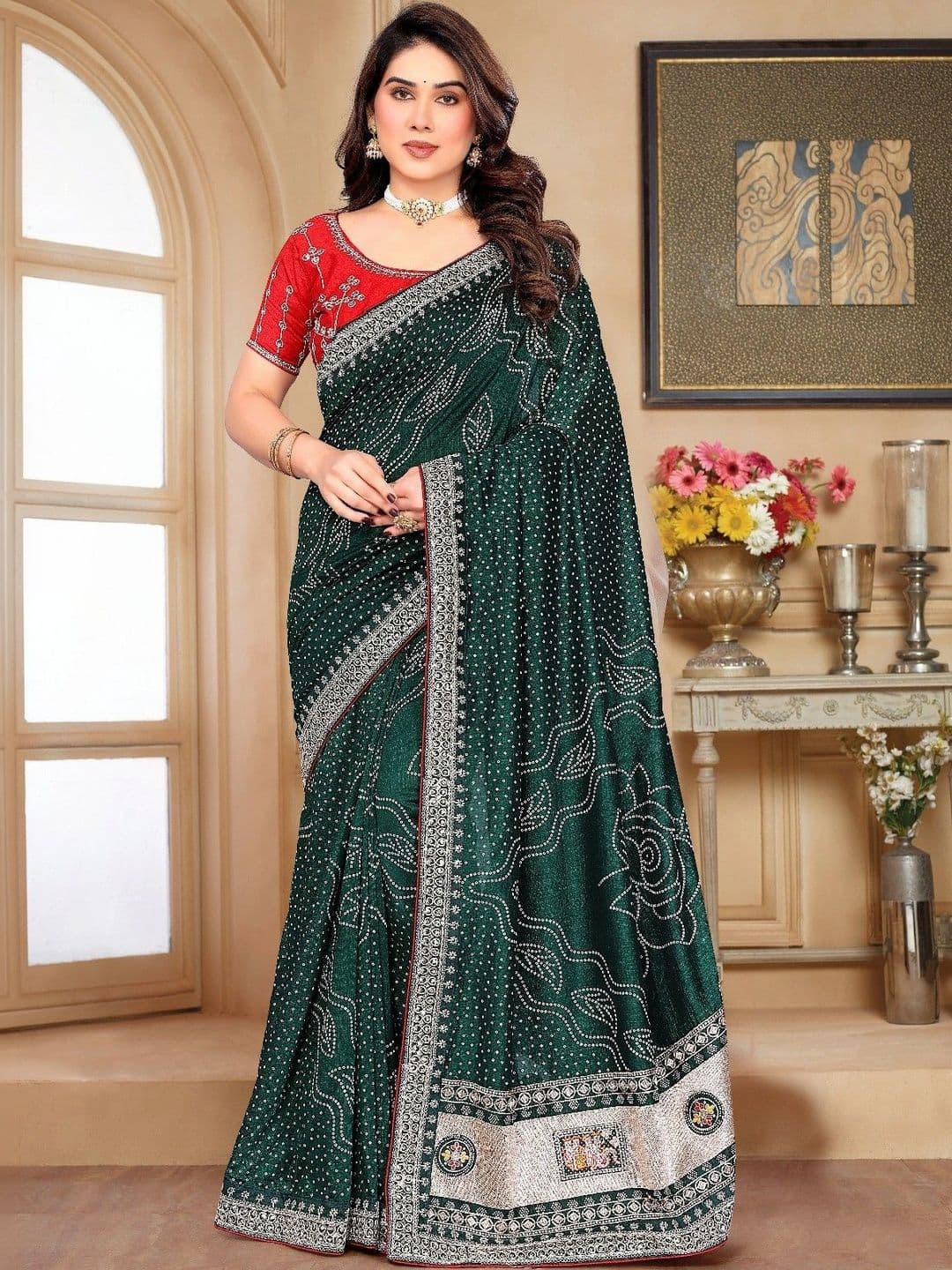 SmileyFashion Bandhani Embroidered Art Silk Designer Saree - view 1
