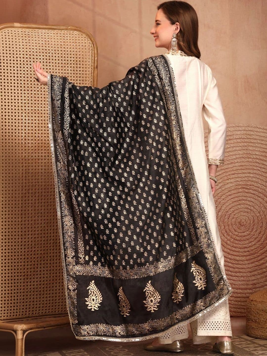 Clora Creation Ethnic Motifs Printed Foil Print Dupatta with Mirror Work thumbnail 7