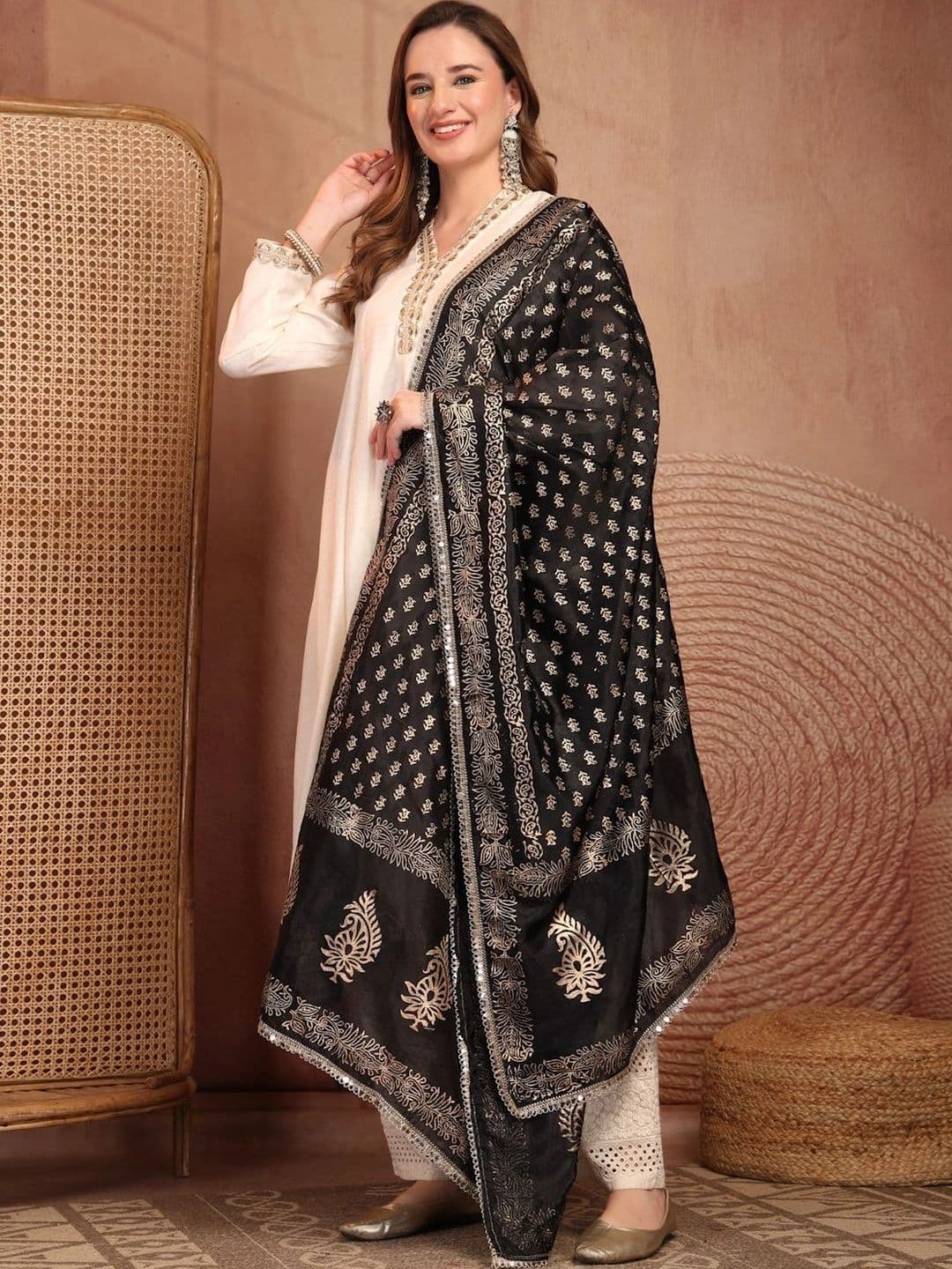 Clora Creation Ethnic Motifs Printed Foil Print Dupatta with Mirror Work thumbnail 5