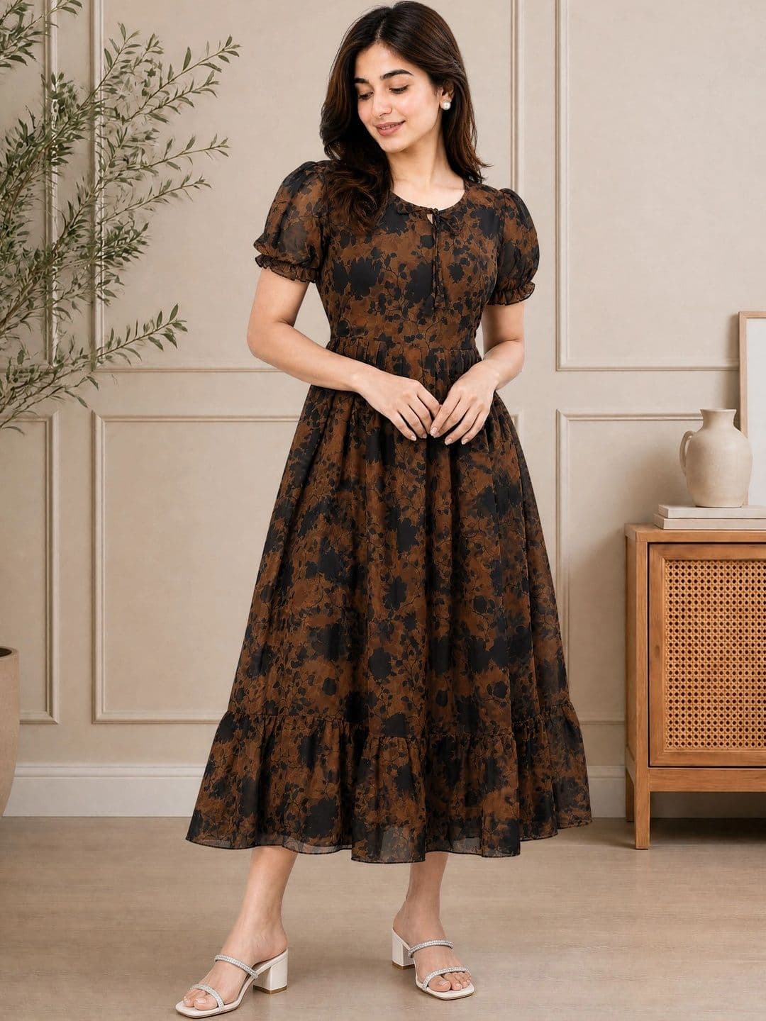 QENA Floral Print Puff Sleeve Georgette A-Line Maxi Dress thumbnail 4