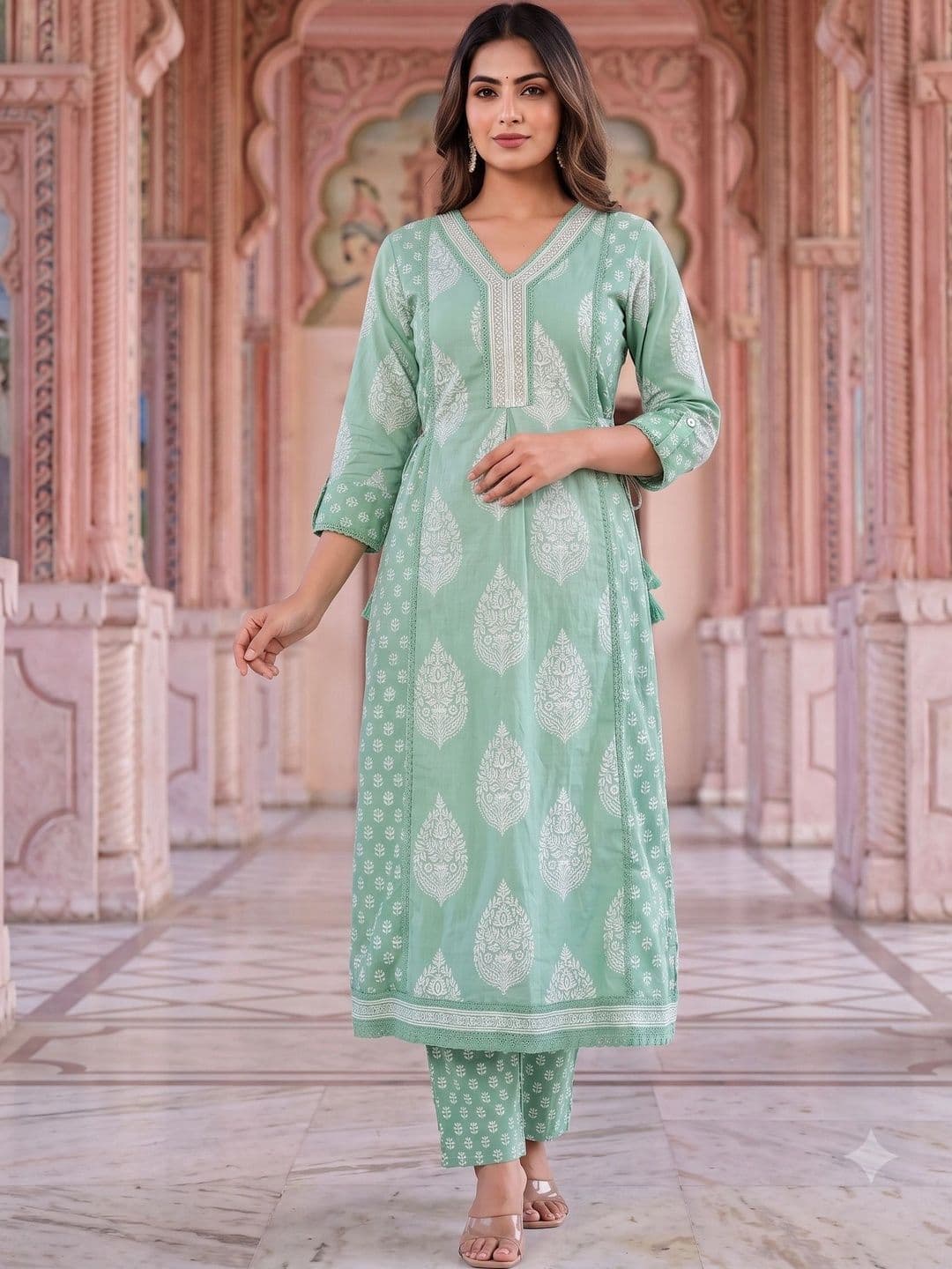KALINI Women Ethnic Motifs Printed Angrakha Sequinned Pure Cotton Kurta with Trousers & With Dupatta thumbnail 7