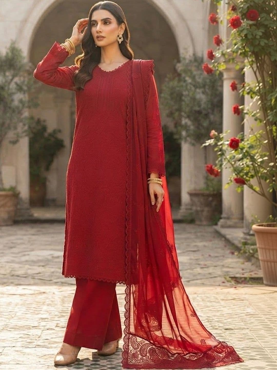 VASTRYN Women Ethnic Embroidered Regular Chikankari Kurta with Palazzos & With Dupatta thumbnail 5