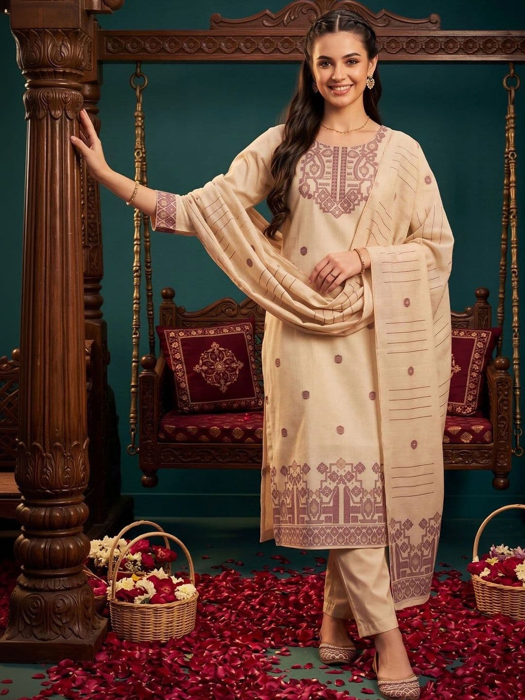 Indo Era Women Ethnic Motifs Embroidered Regular Thread Work Chanderi Silk Kurta with Trousers & With Dupatta - view 1