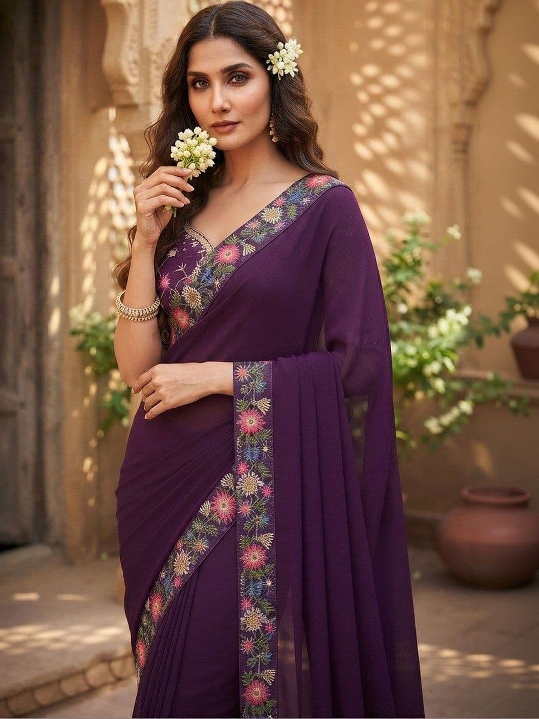 SmileyFashion Floral Embroidered Art Silk Saree thumbnail 5