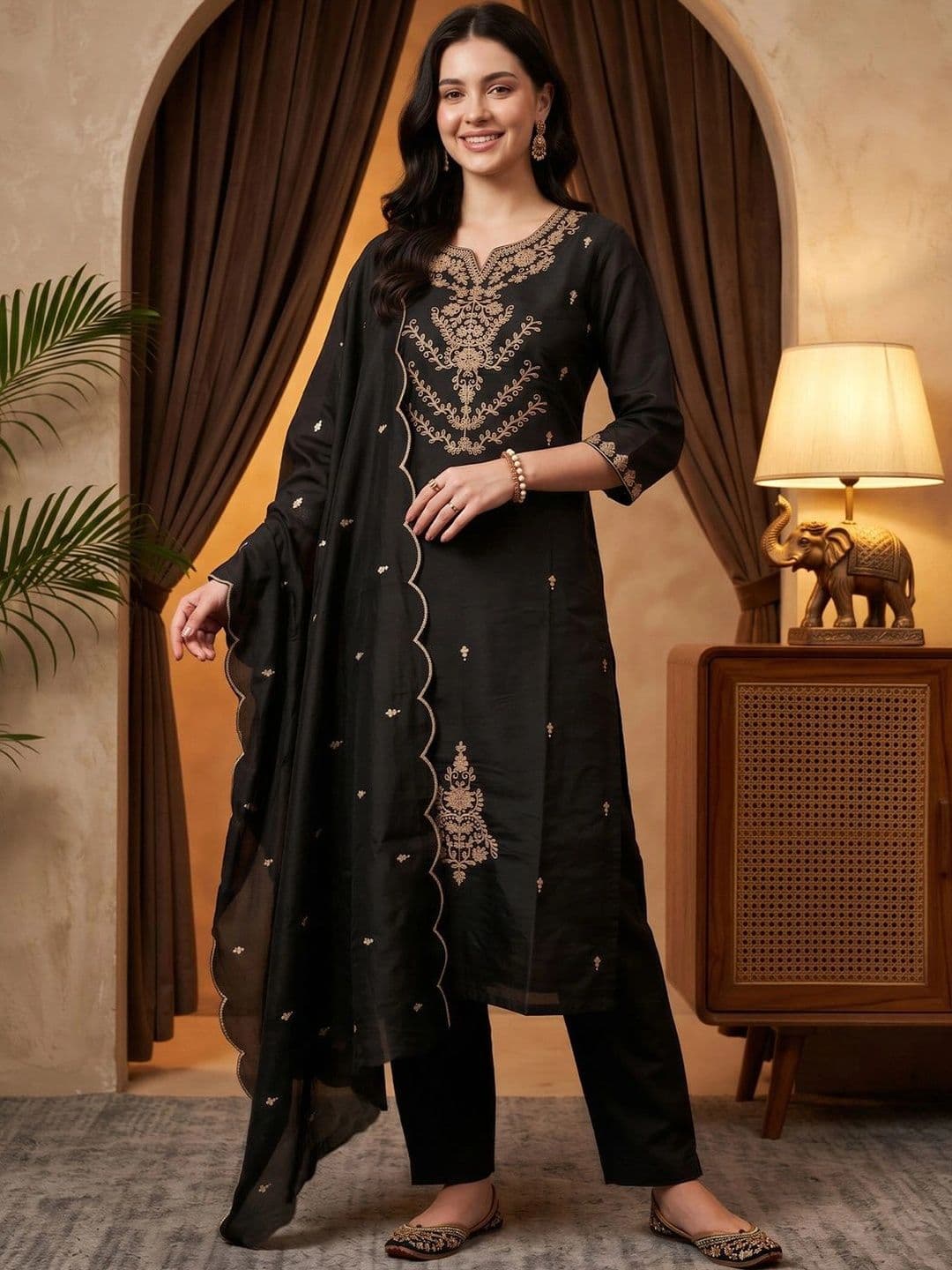Indo Era Women Ethnic Motifs Embroidered Regular Thread Work Kurta with Trousers & With Dupatta thumbnail 6