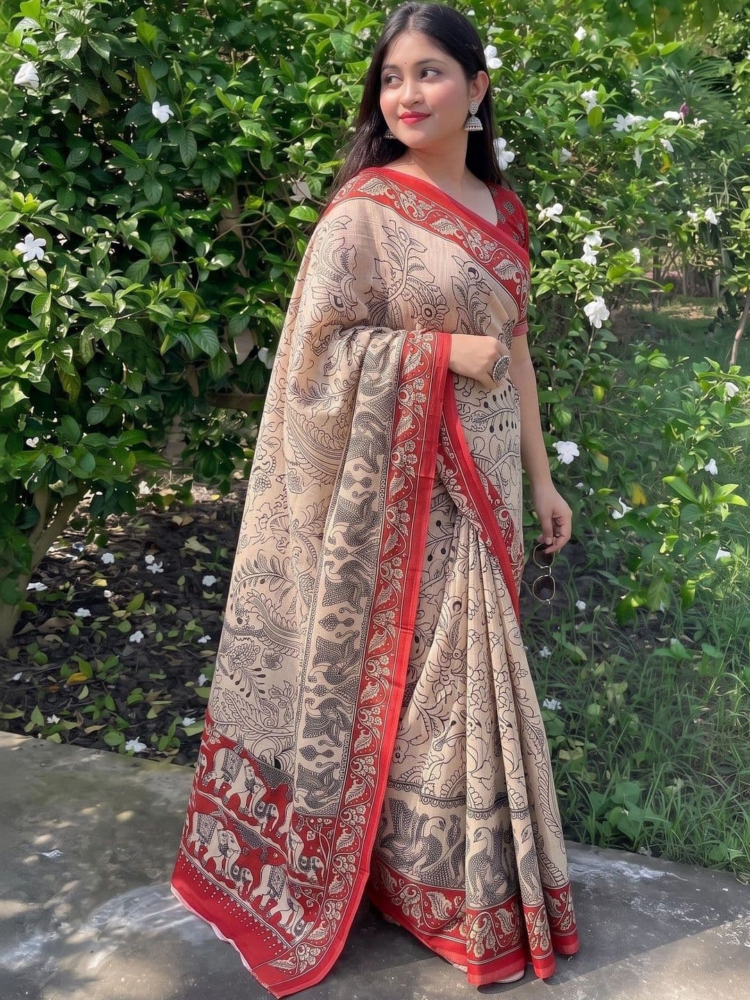 IndianRang Kalamkari Linen Blend Designer Saree thumbnail 4