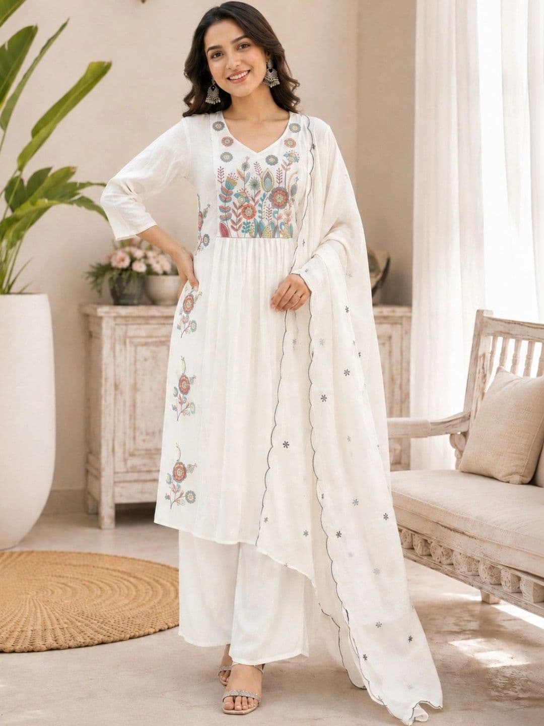 ESHMYRA Women Ethnic Motifs Embroidered Empire Thread Work Chanderi Silk Kurta with Palazzos & With Dupatta - view 1