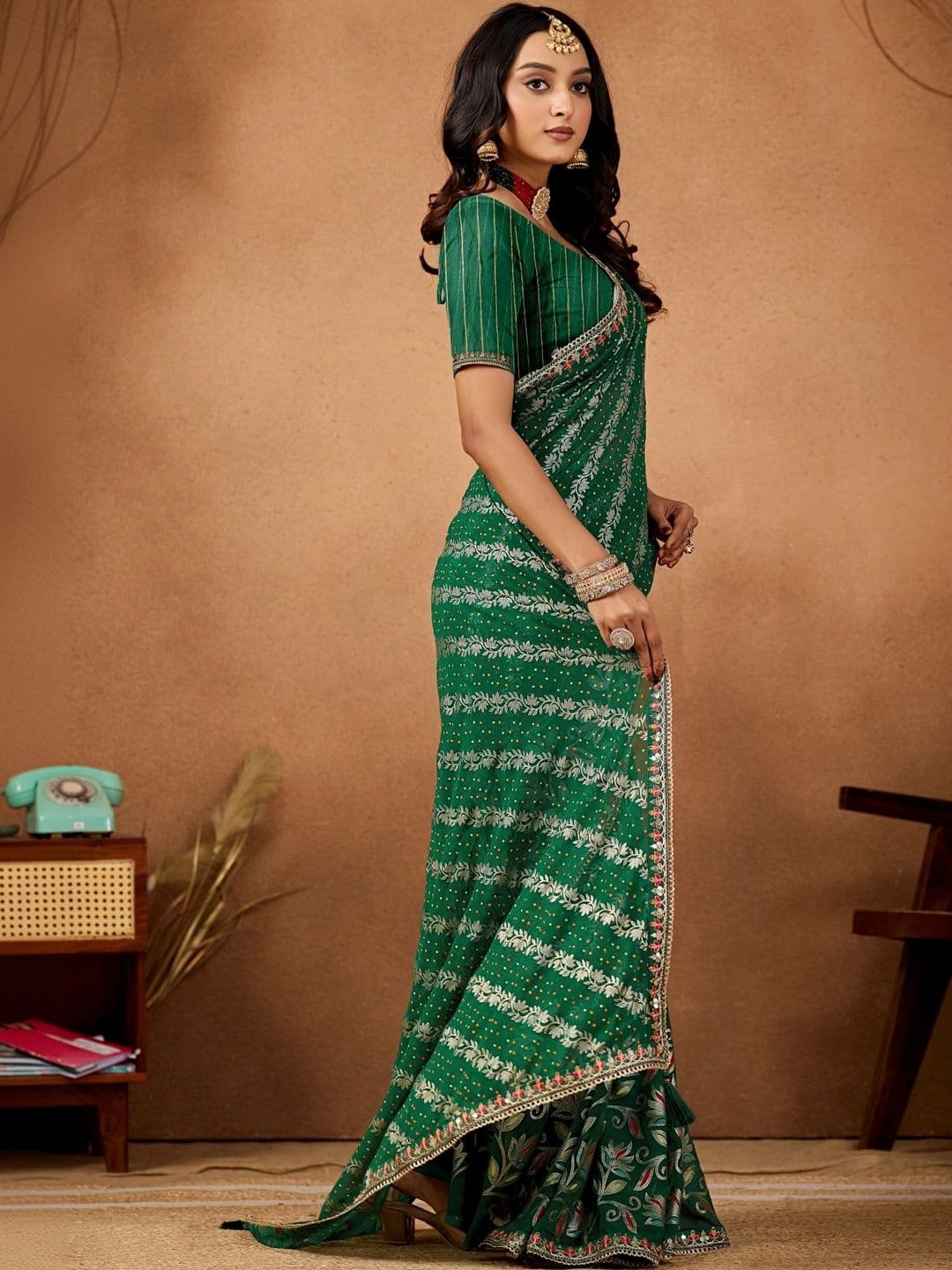 KALINI Floral Embroidered Poly Georgette Designer Bandhani Saree thumbnail 6