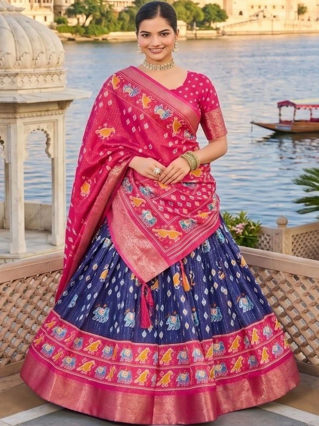 Anouk Ikat Semi-Stitched Lehenga & Unstitched Blouse With Dupatta thumbnail 4