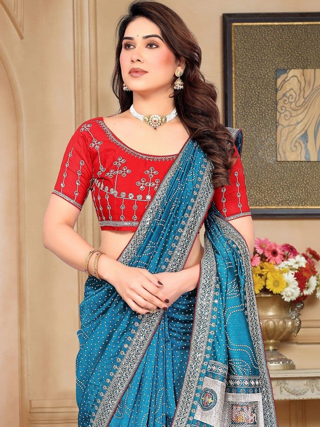 SmileyFashion Bandhani Embroidered Art Silk Designer Saree thumbnail 2