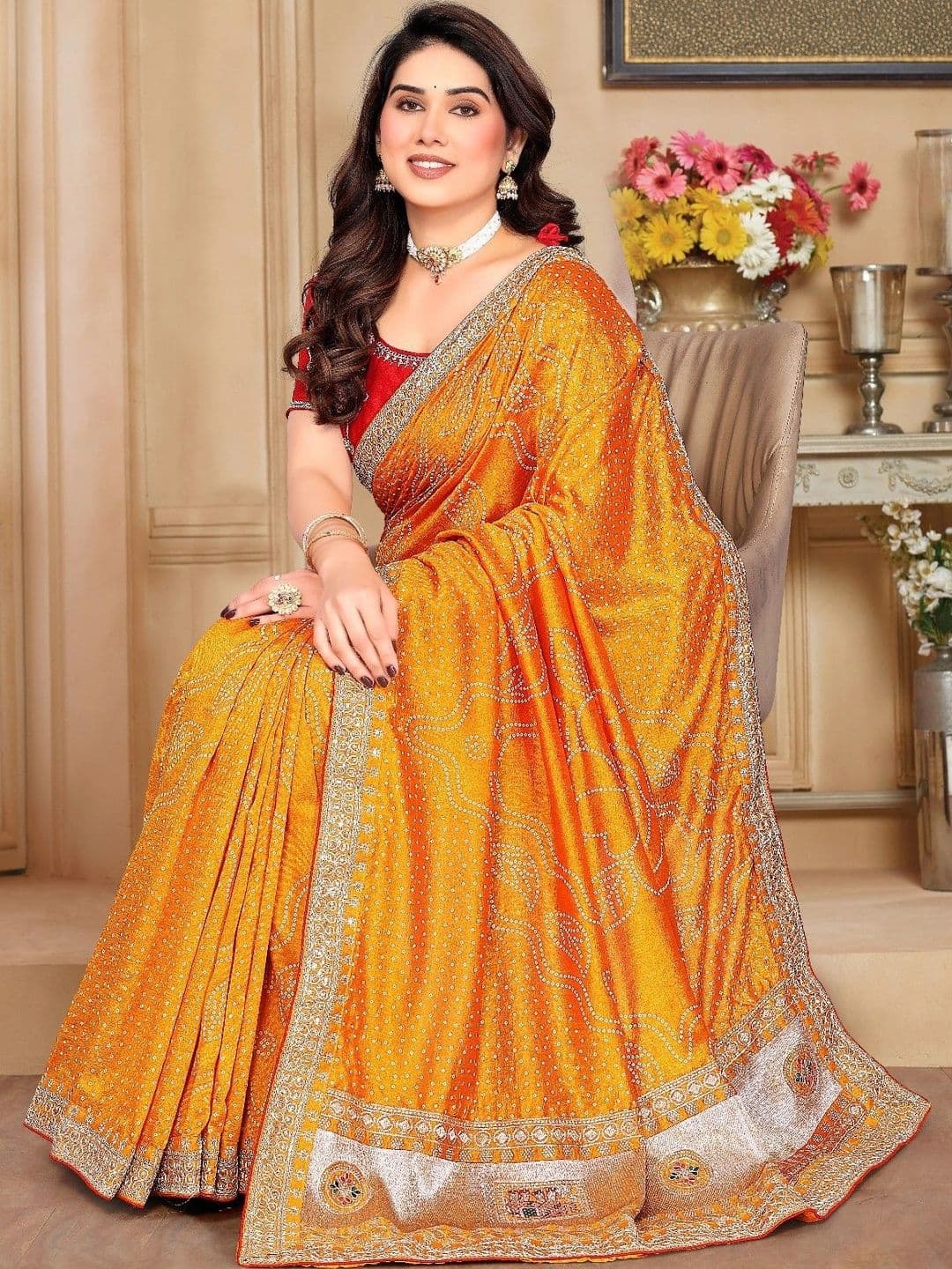SmileyFashion Bandhani Embroidered Art Silk Designer Saree thumbnail 5