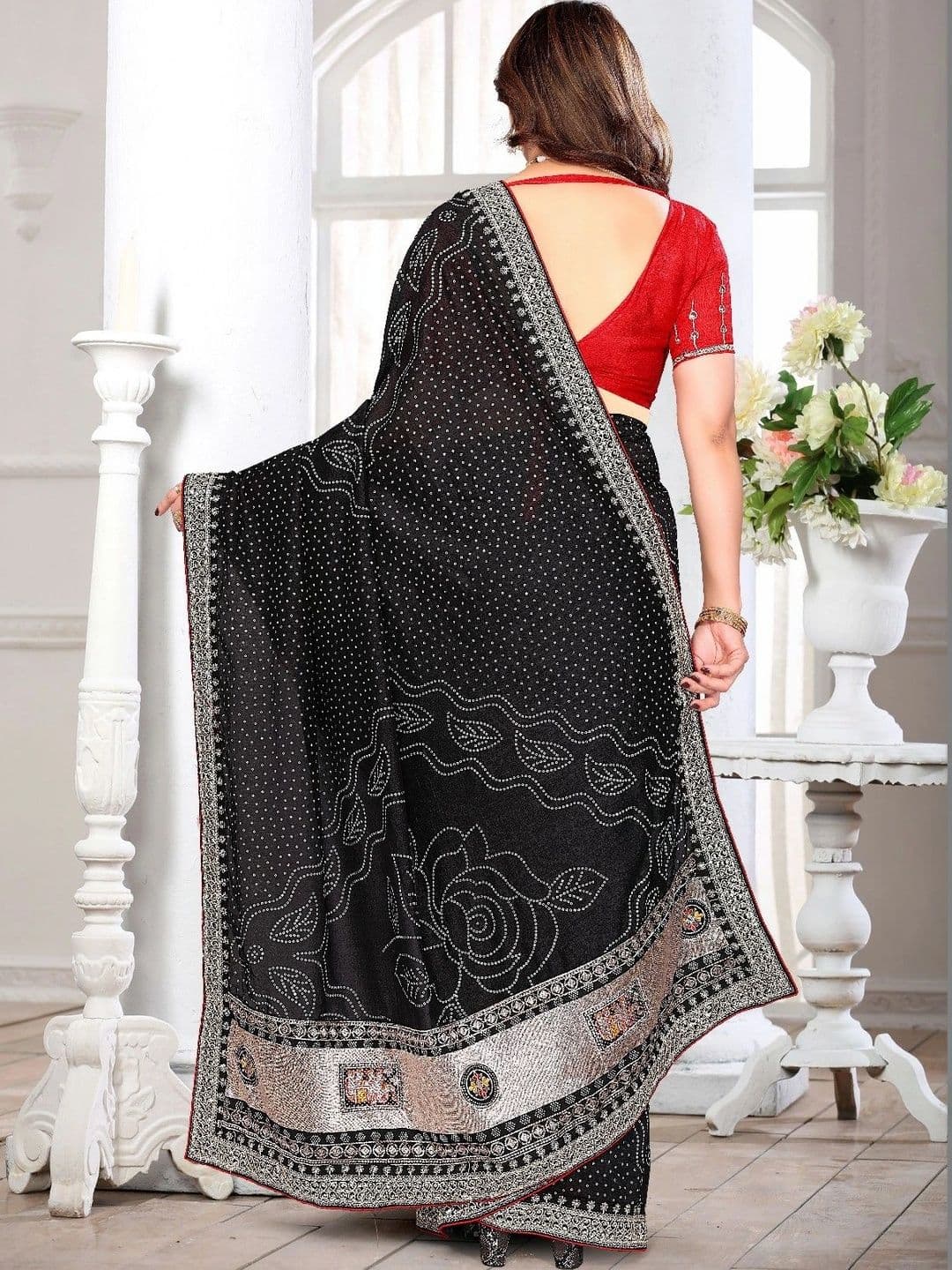 SmileyFashion Bandhani Embroidered Art Silk Designer Saree thumbnail 4